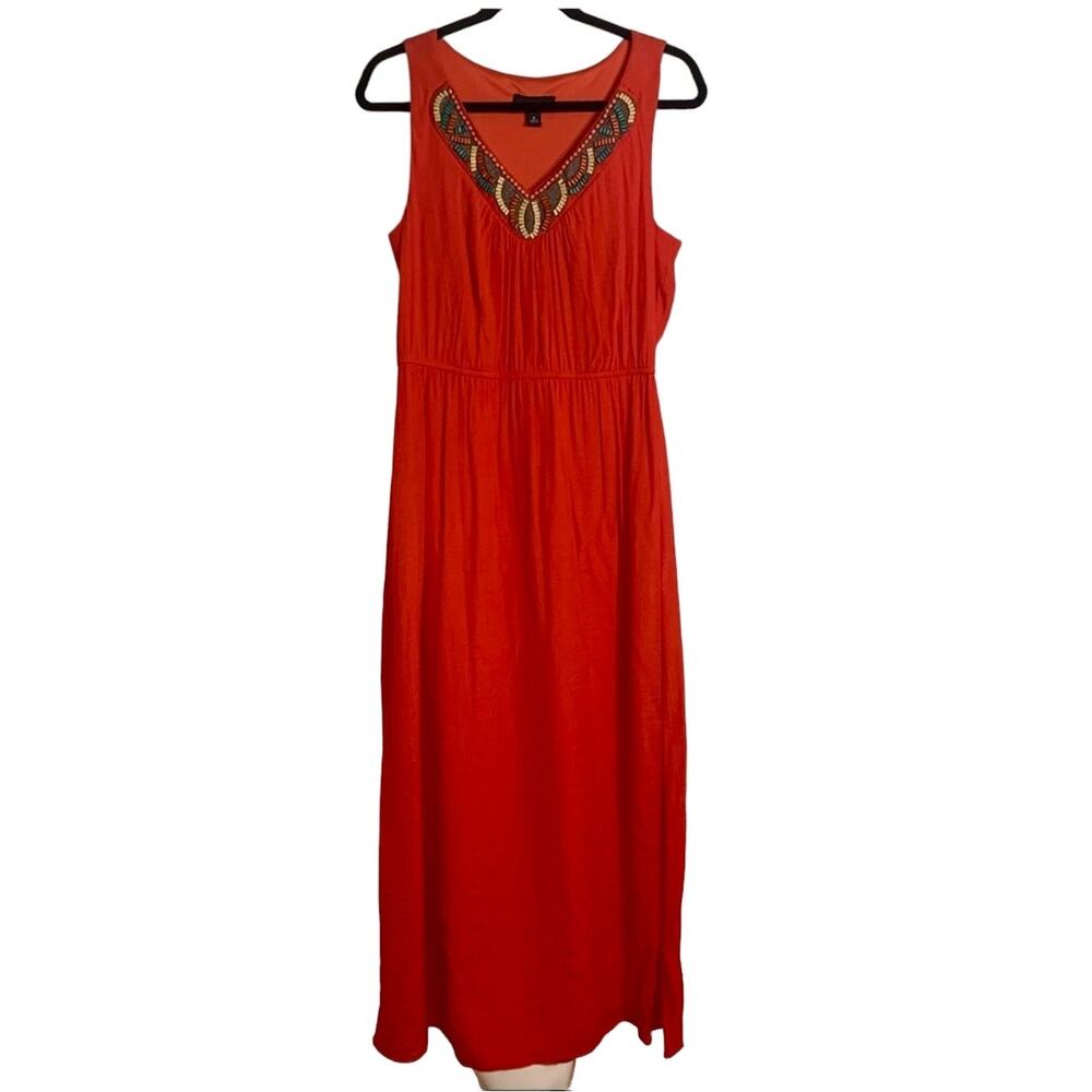 AGB Womens Orange Sleeveless Maxi Dress Size M Beaded V-Neck Elastic Waist Boho - Picture 7 of 15